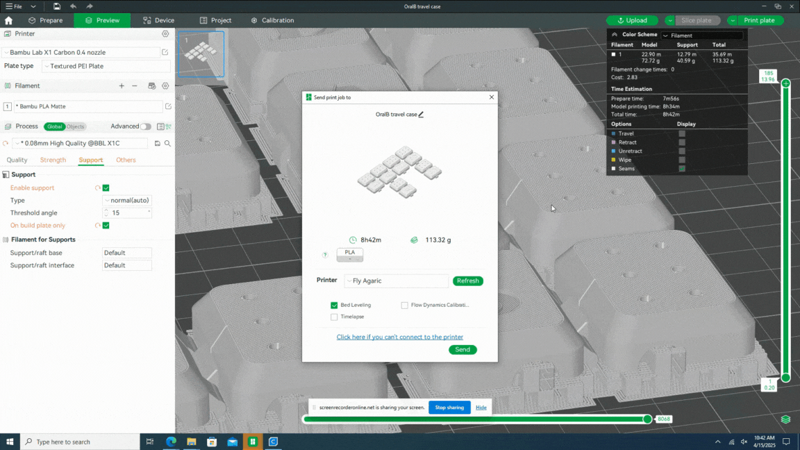 Selecting the printer to print the model